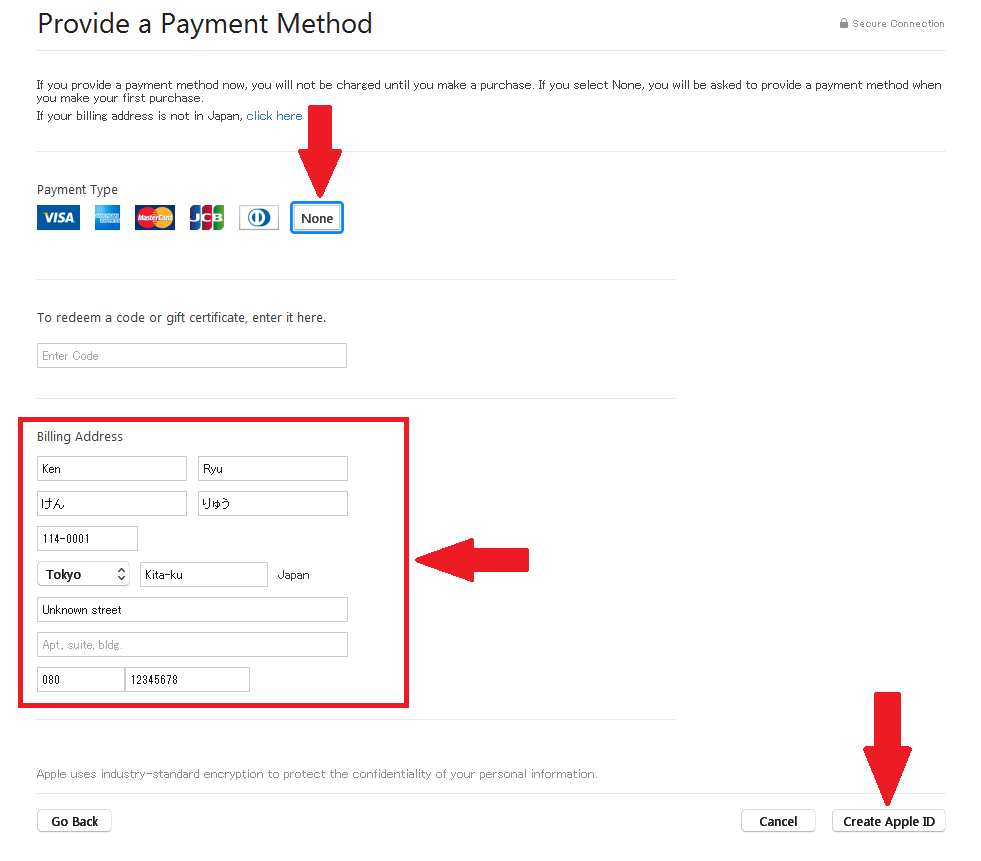 For payment type select "NONE". For the bill address use an anonymous address. Copy and paste the text show below to match the info shown. Click "Create Apple ID" when complete.