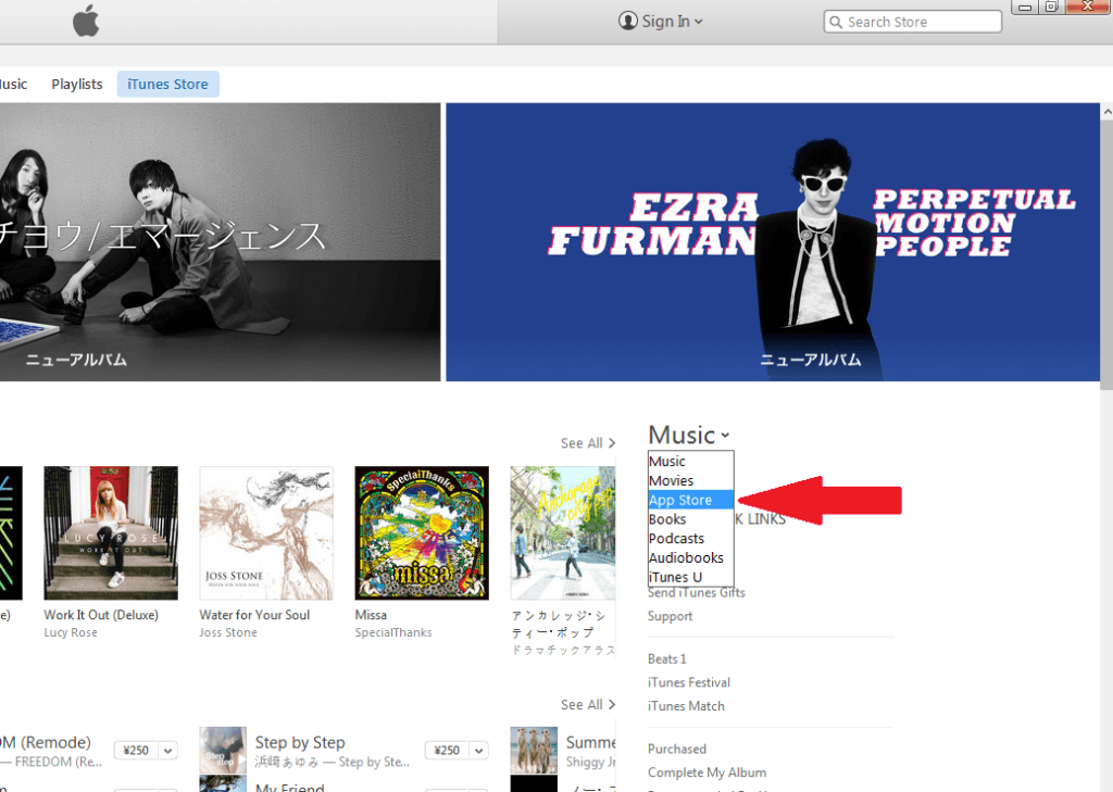 In the iTunes Japan storefront on the right side of the screen, select the "App Store" from the drop down menu.